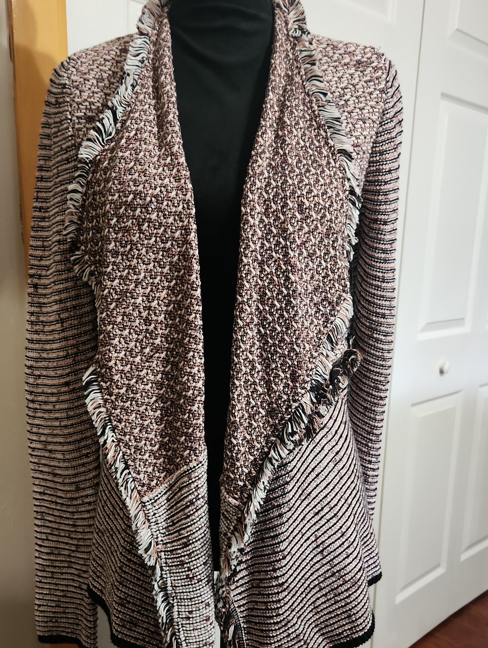 White House Black Market Mauve and Black Double Fringe Open-Front Cardigan
